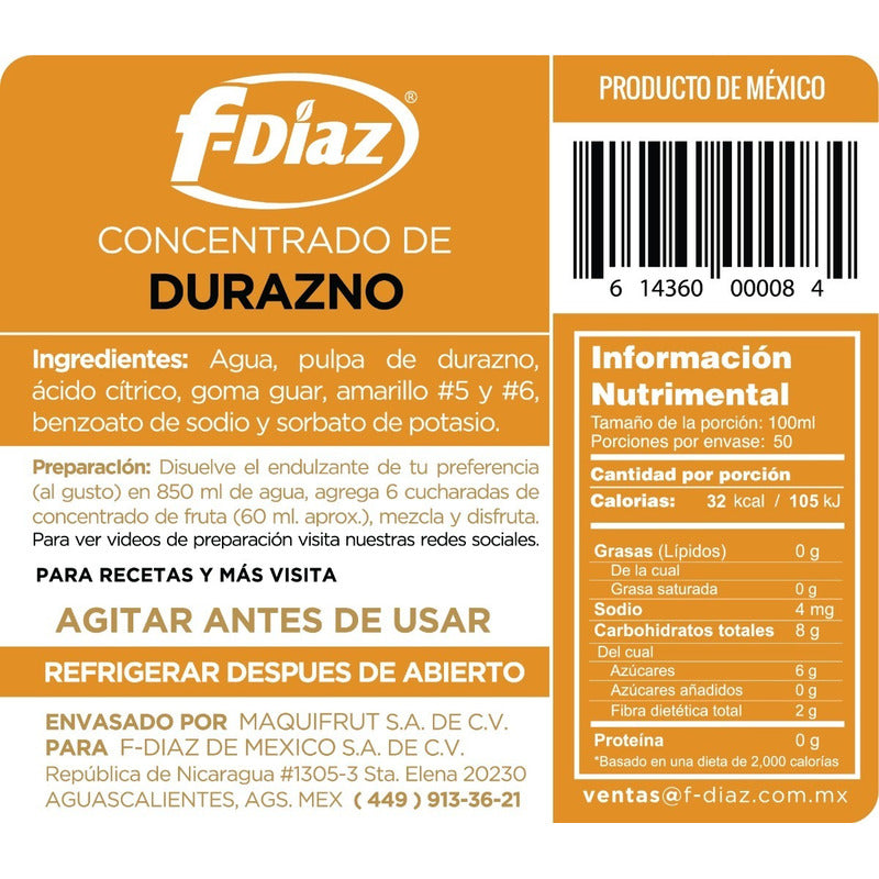 F- Diaz Concentrado Para Agua Durazno 1 Lt Fruta Natural