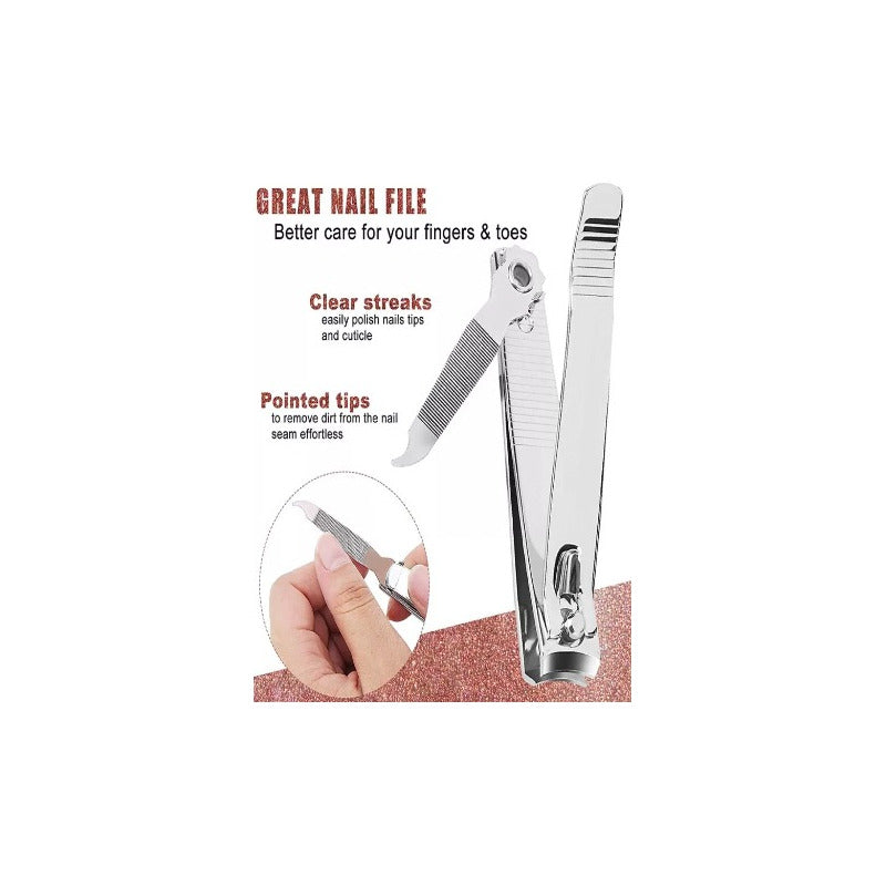 Kit 12 Corta Uñas Gde. Acero Inox Portatil, Unisex Manicura