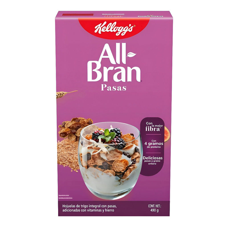 Cereal Integral Kellogg's All Bran Pasas 490g Con Proteína