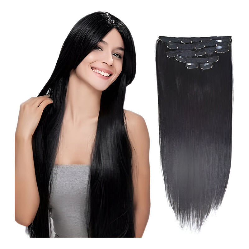 Extensiones De Cabello Largo Y Recto, Sintético 60 Cm. Clip. Negro