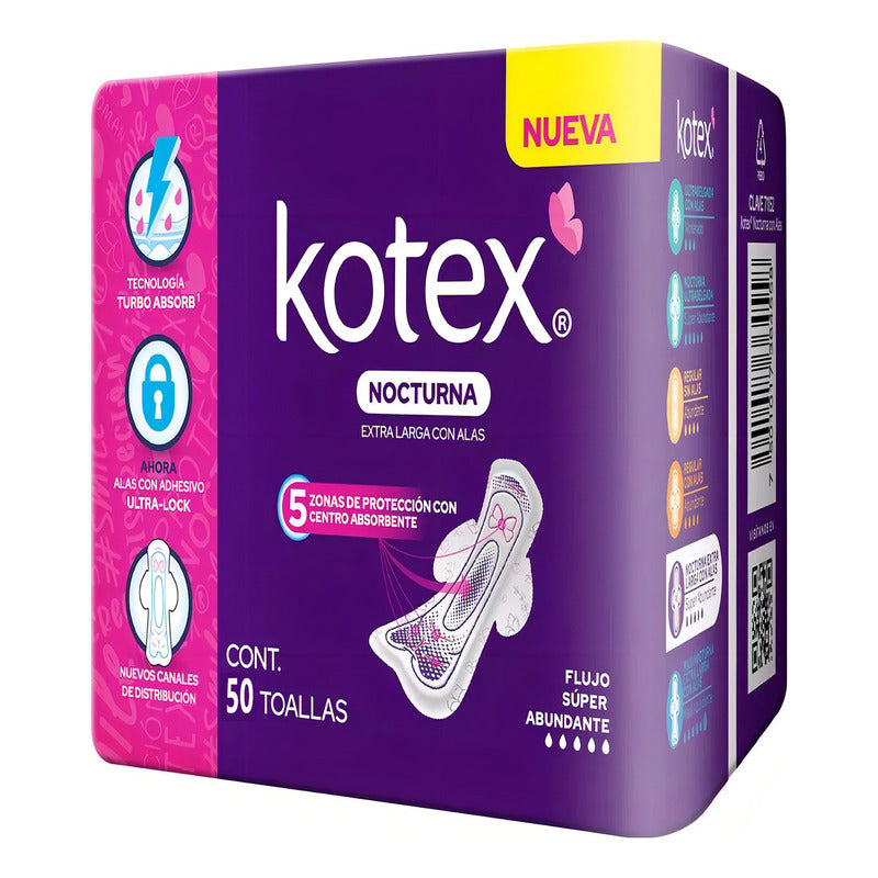 Toalla Femenina Kotex Nocturna Extra Larga Con Alas 50 Pzas Nuevos Canales De Distribuicion