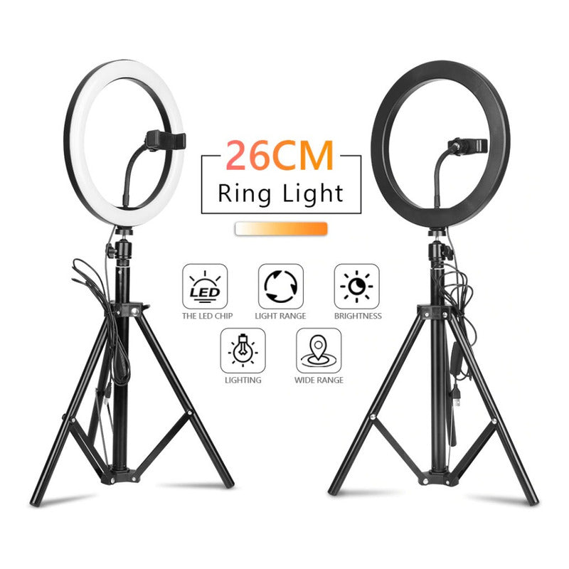 Aro Anillo De Luz Led 26 Cm Regulable 10 Pulgadas Con Tripie Negro Blanco Frío